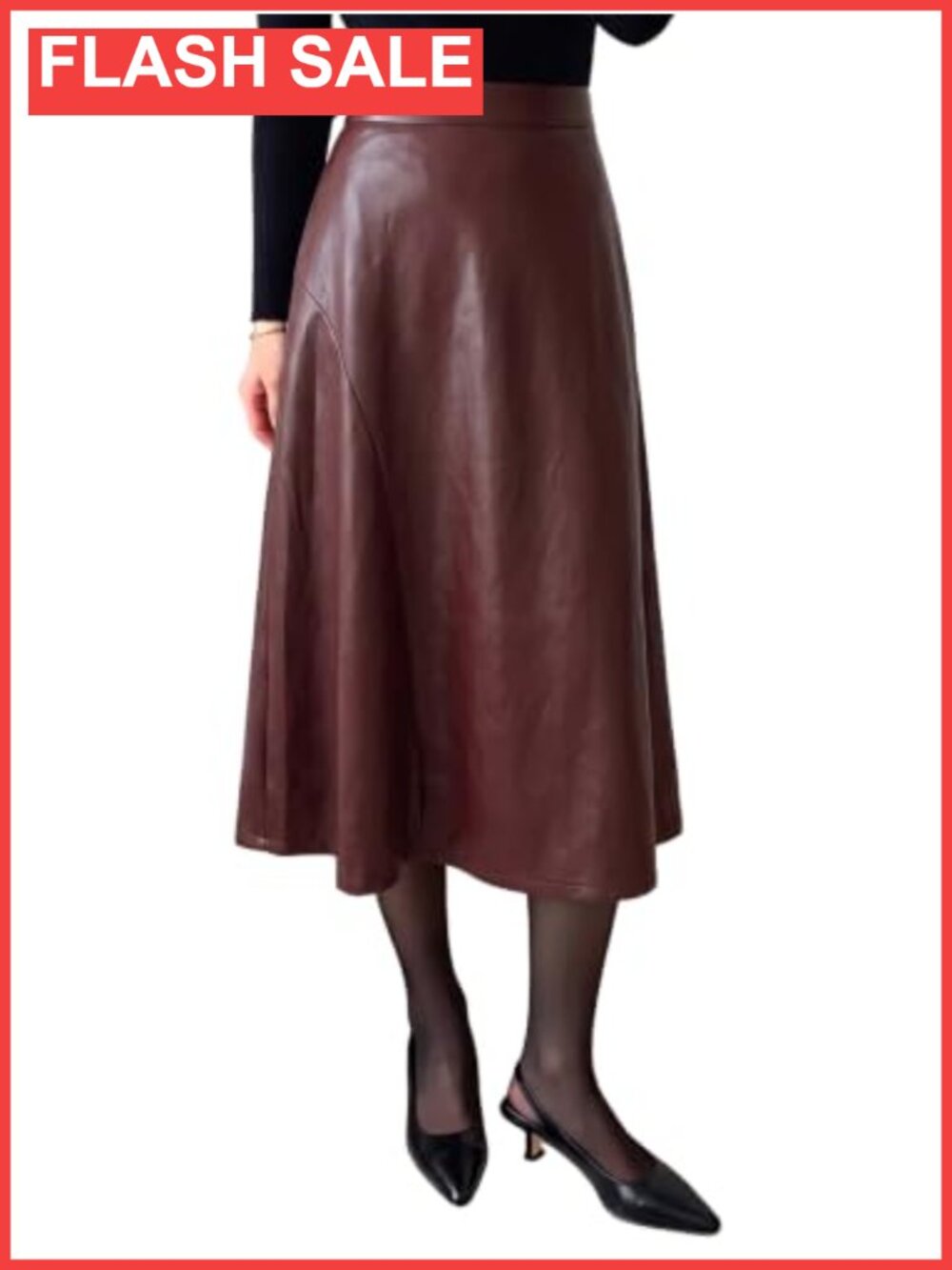 Faux Leather High Waisted A-Line Midi Skirt Business Casual Office